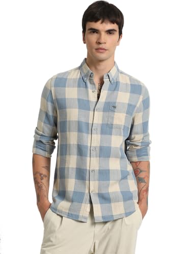 Image of THE BEAR HOUSE Men Blue Checked Slim Fit Cotton Linen Casual Shirt