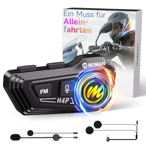 Motorrad Helm Headset, Moman RS-H4P Motorradhelm Kopfhörer BT5.1 mit Hi-Fi LautsprechernDoppelte Geräuschreduzierung【Neues Upgrade】 RGB/FM/Freisprechen/AI-Sprachsteuerung Kopfhörer für Einzelfahrer