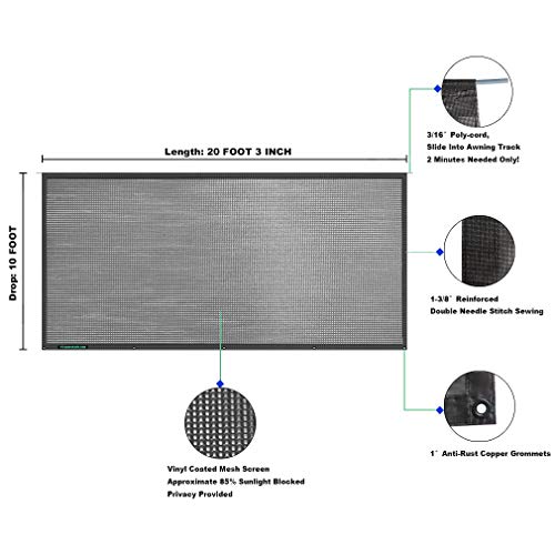 Tentproinc RV Awning Sunshade Screen 10' X 20' 3'' (Fit for 21' Awning) Mesh Sun Shade UV Block Front Glare Motorhome Camping Trailer Awning Shadescreen Sunscreen - 3 Year Warranty (Black)