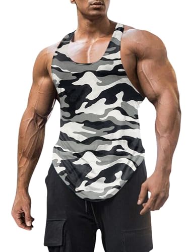 FITMENS Mens Workout Tank Tops Fitness Bodybuilding Sleeveless Gym Muscle Shirts (Camouflage White,M
