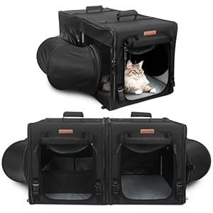 PETUX Cat Travel Carrier with Little Box, Portable 2-in-1 Cat Carrier for 2 Cats, Various DlY Methods Cat Carrier Soft with Tunnel Tube-with Flannel Mat, Hammock, Protable Tote (Black)