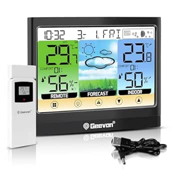 Geevon Weather Stations Wireless Indoor Outdoor Thermometer, Touch LCD Display Digital Thermometer Hygrometer with Heat Index, Dew Point, Comfort Indicator, Alarm Clock and Adjustable Backlight