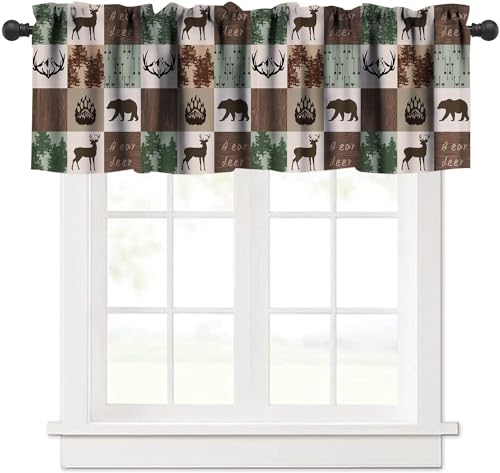 SENRUEGT Rustic Kitchen Valances for Windows,Retro Farmhouse Vintage Country Cabin Moose Deer Bear Rod Pocket Valance Curtain for Bedroom Living Room Cafe?54X18 1 Piece