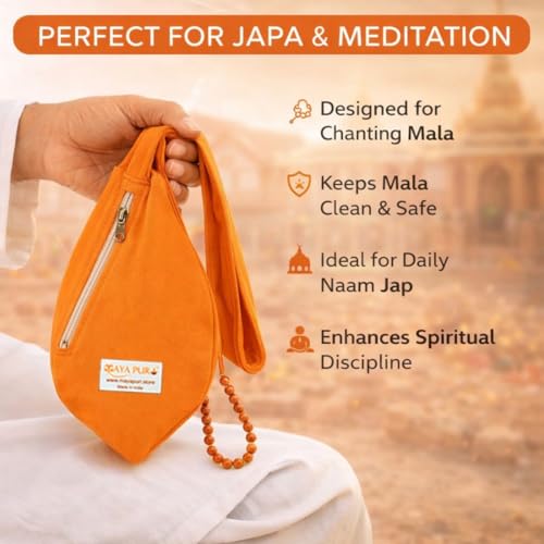 Image of Pure Cotton Original Gomukhi Japa Mala Bag, Chanting Bag or Prayer Beads Bag with Zip Pocket and Sakshi Mala Counter (Saffron Bhagwa)