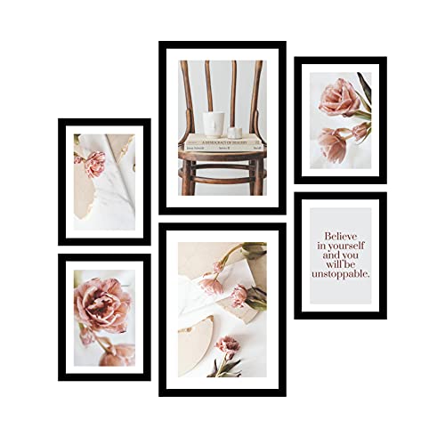 Estika Set d'images avec cadre, 6 posters (4 x A4 et 2 x A3) couleur au choix du cadre (4 couleurs), images de salon ou chambre à coucher, ensemble de posters décoratifs modernes | Rose compositions Cover