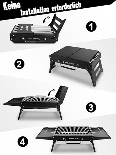 Charmline 34x23cm Foldable Portable Holzkohlegrill, Kleiner Campinggrill Holzkohle, Picknickgrill Grill, BBQ Grill für Outdoor, Geeignet für Gärten, Strände, Rasenflächen und Tischplatten, Schwarz