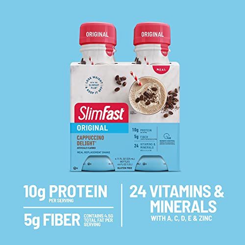 SlimFast Meal Replacement Shake, Original Cappuccino Delight, 10g of Ready to Drink Protein for Weight Loss, 11 Fl. Oz Bottle, 4 Count (Packaging May Vary)