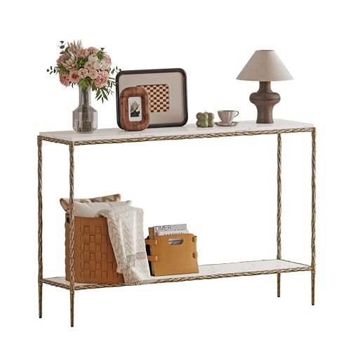 FormaCraft Antique Console Table with Faux Marble Wood Top 47 Narrow Entryway Table with 2-Tier Open Storage Shelves Modern Slim Sofa Table with Antique Brass Finish for Hallway Living Room