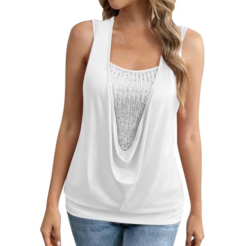 Womens Fashion Sequin Top Sparkle Shimmer Sleeveless Shirts Fake 2 Piece Patchwork Tank Tops Party Evening Blouses White