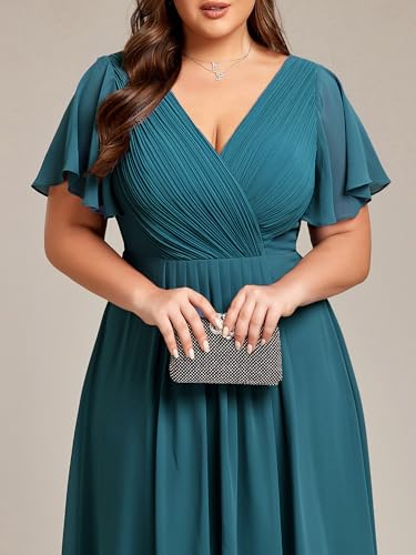 Image of Ever-Pretty Plus Summer Short Sleeves V-Neck Formal Wedding Guest Dresses for Curvy Women Chiffon Midi Cocktail Party Dress