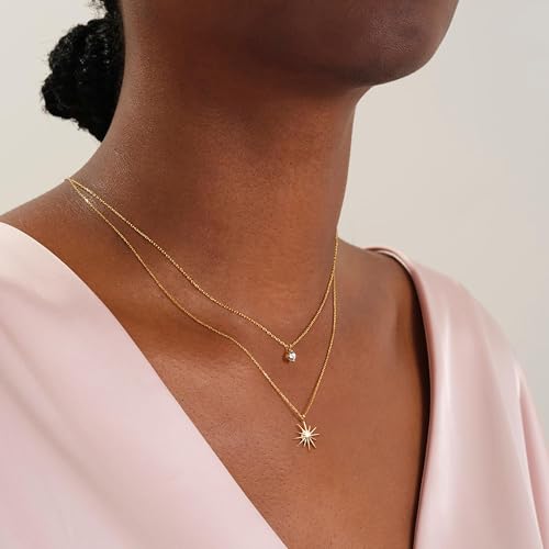 Gold Sun Star Pendant Necklace for Women, Dainty Small Diamond Choker 14K Plated Simple Interlocking Necklaces Cute Opal Cuba Cubic Zirconia Chain Non Tarnish Waterproof Jewelry Gifts3