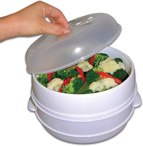 Microwave 2 Tier Vegetable Steamer Pasta Rice Fish Steaming Pot Healthy Eating | Ideal for Fish, Meat, Rice & Vegetables | Healthy meals in minutes, Steam release vent
