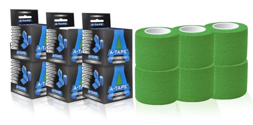 Image of A-Tape Breathable Self Adhesive Cohesive Bandage Wrap - Athletic Non-Woven for Sports, Medical Use, Injuries, Knee & Wrist Support - Suitable for Humans & Pets (Green, 5cm Pack Of 6)
