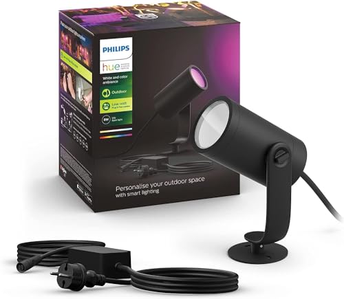 Philips Hue White & Color Ambiance Lily Gartenspot Standard Set mit 40W Netzteil (590 lm), Dimmbare Außenleuchte mit 16 Mio. Farben, Lichtsteuerung über Sprache oder App, Schwarz