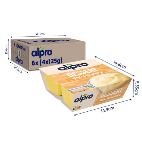 Alpro Soya-Dessert Feine Vanille – Auf Soyabasis – Vegan und von Natur aus laktosefrei – Reich an Calcium und Vitaminen – 6 x (4 x 125) g