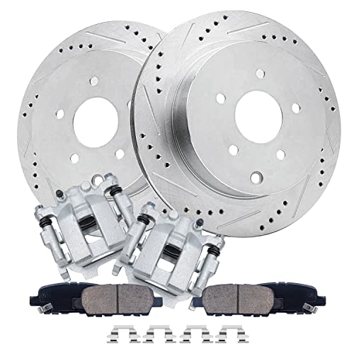 Image of Detroit Axle - Rear Brake Kit for Infiniti JX35 M35H M37 M56 QX60 | Nissan Quest Murano Pathfinder, Drilled Brake Rotors Ceramic Brake Pads Brake Calipers Replacement 12.13 inch inch Rotor