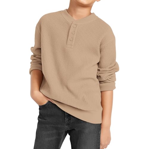 BOUTIKOME Waffle Sweatshirts for Toddler Baby Boys Buttons Fashion Shirts Kids Fall Pullover Long Sleeve Tops Clothes(Khaki,2-3T)