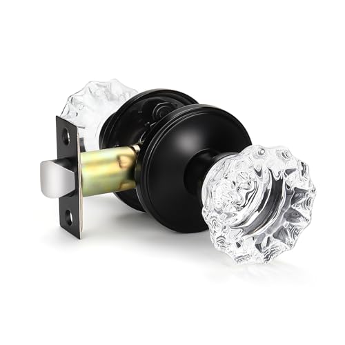 KNOBWELL 3 Pack Providence Round Crystal Glass Door Knob Set with Victorian Plate Rosettes in Matte Black (Passage Hall/Closet)