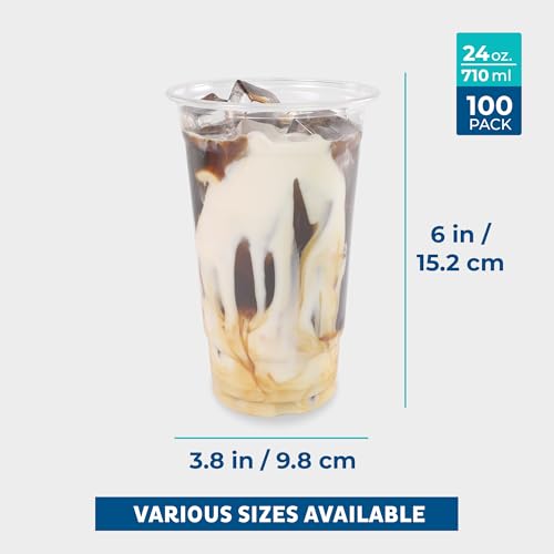 Image of Freshware Clear Plastic Cups [100 Pack - 24 oz] Disposable Cups for Iced Coffee, Smoothie, Milkshake, Cold Drinks