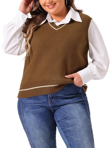 Image of Agnes Orinda Plus Size Sweater Vest for Women V Neck Stripe Cable Knit Sleeveless Pullover Sweater Vest