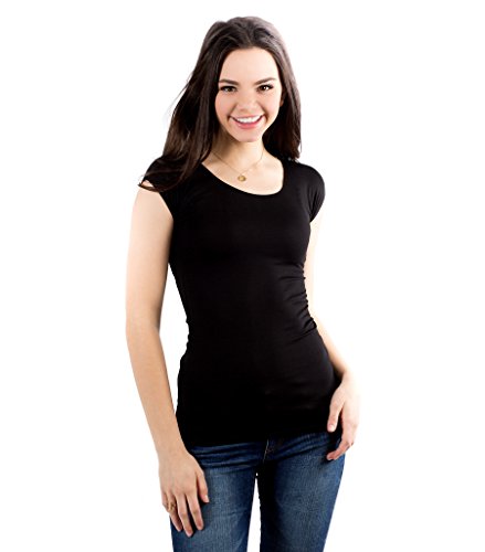 zhAjh Womens Cotton Modal Spandex Triblend Scoopneck Cap Sleeve Tee T-Shirt (Black, X-Large)