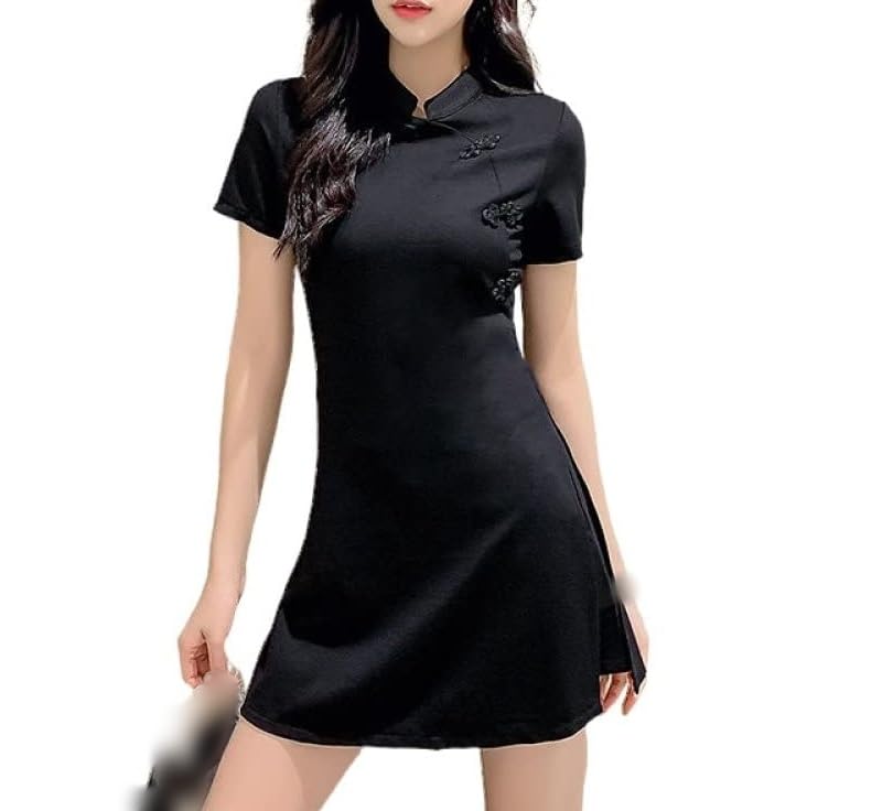 VAAX Traditionelles Cheongsam, Schwarzes Satin Cheongsam Frack Kurzarm...