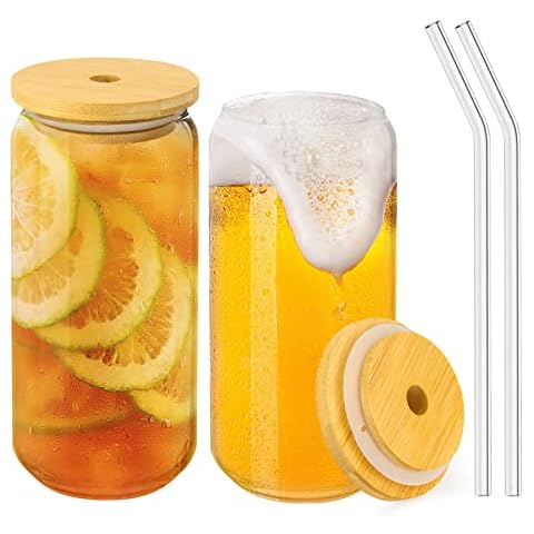 LTZGO - 2 Vasos de Cerveza de Vidrio en Forma de Lata con Tapas de Bambú y Pajita Cover