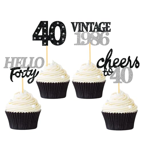 Décoration de cupcakes pour 40e anniversaire pailletée noire et argentée