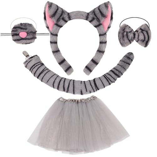AYNKH Ensemble de Déguisement Chat,Oreilles et Queue de Chat Rayées Grises avec Bandeau,Nez,Jupe,Nœud Papillon et Queue pour Costume d’animal...