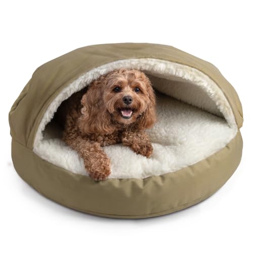 Image of Snoozer Cozy Cave Dog Bed, Round Covered Dog Bed, Khaki (S)
