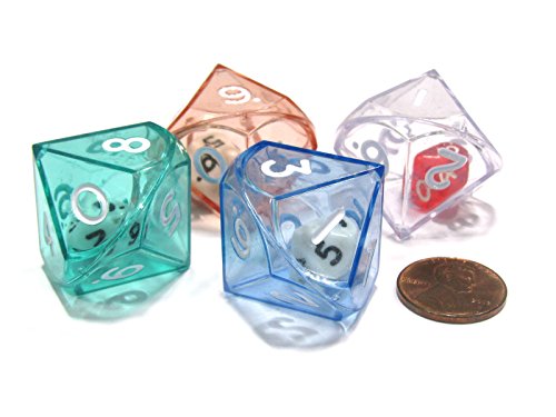 Set of 4 D10 26mm Double Dice, 2-in-1 Dice - 1 Each of Green Red Blue Clear
