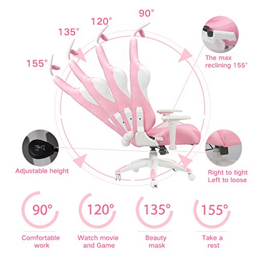 AutoFull Pink Ergonomic Gaming Chair Cute Kawaii PU Leather High Back Racing Office Desk Chairs with Rabbit Ears - Image 6