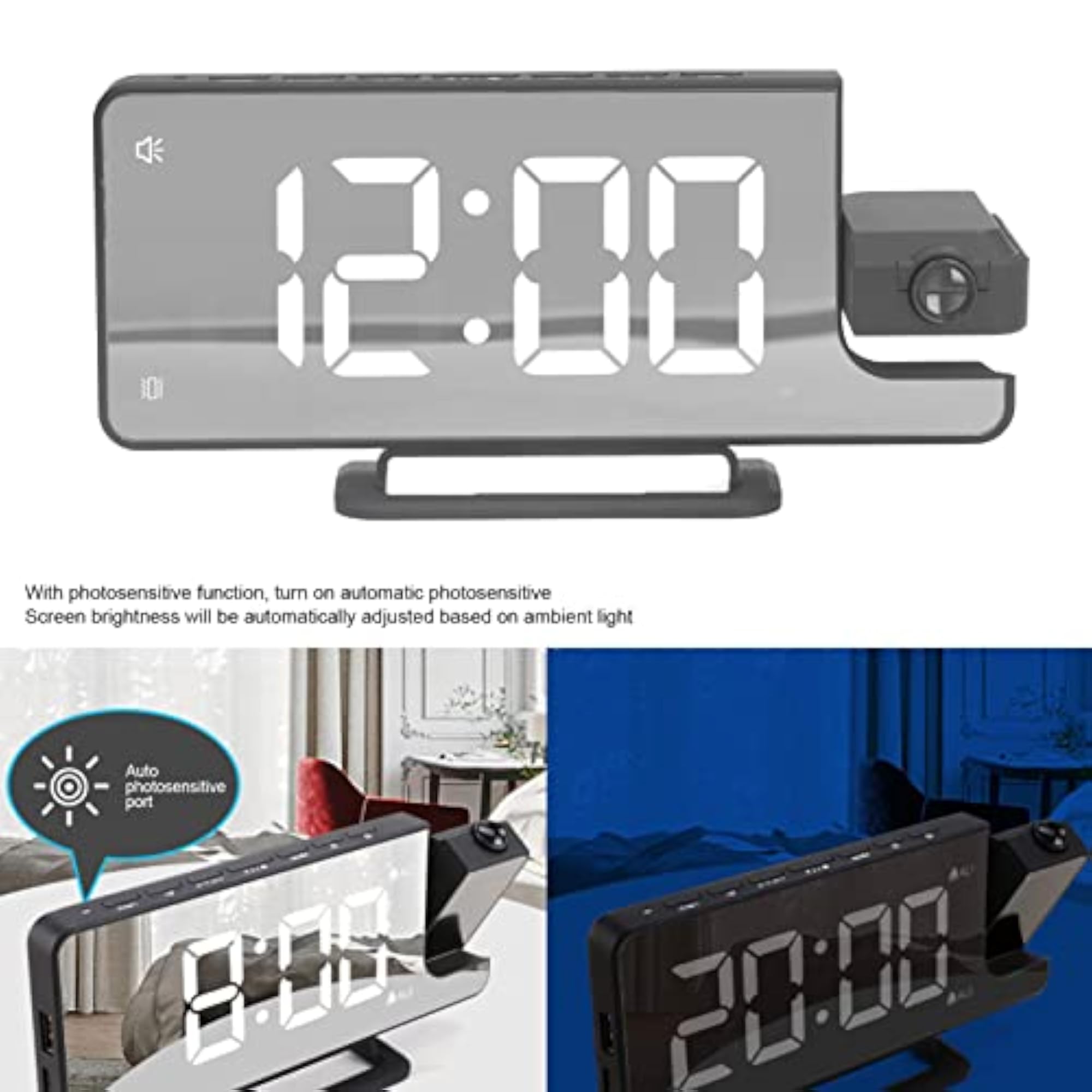 Projection Alarm Clock with Snooze Function, USB Output