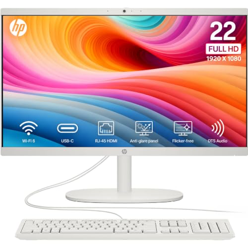 HP 22 FHD All-in-One Desktop Computer 16GB RAM Quad-Cores Intel N100 Windows 11 128GB Storage Office 365 for Web Keyboard & Mouse Included White