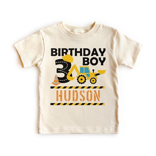 Custom 3rd Birthday Boy Toddler Shirt - Personalized Kids Name I'm Three 3 Years Old Construction Zone Backhoe Tractor Digger Outfit - Natural Toddler & Youth Boys Graphic Tee