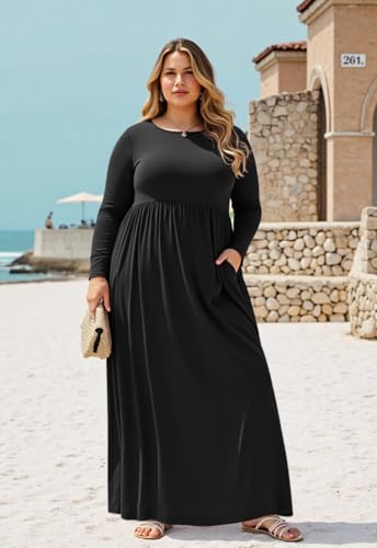 Image of Nemidor Plus Size Maxi Dress for Curvy Women Fall Casual Loose Long Sleeve Dresses with Pocket 14-26
