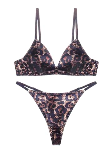 Awake Lingerie Stella Soutien Gorge Triangle Satin et String - Ensemble de sous-vêtement Léopard Confortables pour Femmes (Leopard, XL)