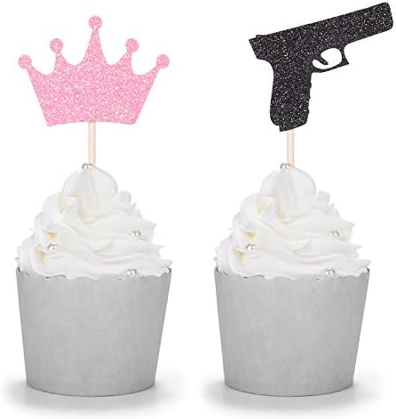 24 PCS Glitter Guns or Crowns Cupcake Toppers Gender Reveal Party Decorations