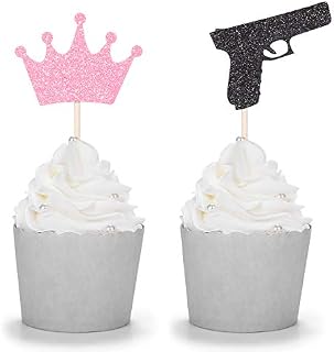 24 PCS Glitter Guns or Crowns Cupcake Toppers Gender Reveal Party Decorations