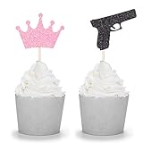 24 PCS Glitter Guns or Crowns Cupcake Toppers Gender Reveal Party Decorations