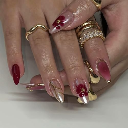 Cosmeria 24 pièces ongles pressés à fleurs rouges, faux ongles motif floral, ongles acryliques mi-longs pour femmes, kit manucure DIY