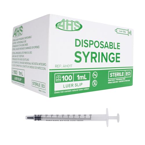 1mL Luer Slip Syringe (100 Pack), Sterile, Individually Wrapped, Syringes for Liquid, Scientific Labs, Feeding Syringes for Pets, Measurement, Medicine, Dispensing, & Oral
