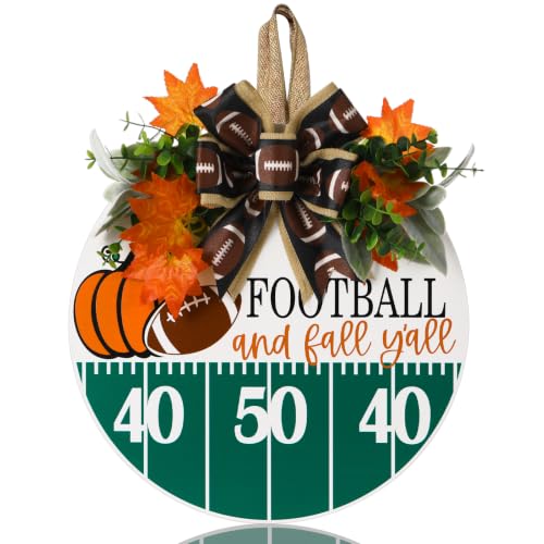 Thyle Football Welcome Wreath for Front Door Football Wooden Hanging Sign Autumn Hanging Wreaths Hanger Sign with Bow for Farmhouse Home Wall Party Decor Supplies