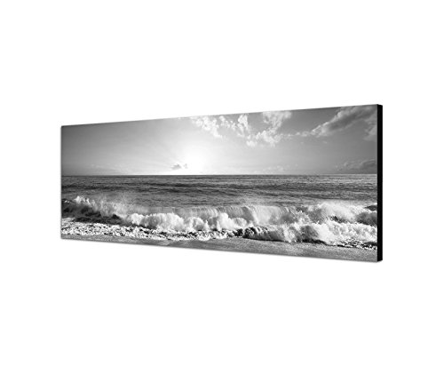 Leinwandfoto als Panorama SCHWARZ/WEISS 150x50cm Meer Strand Wellen Sonnenuntergang Wolken