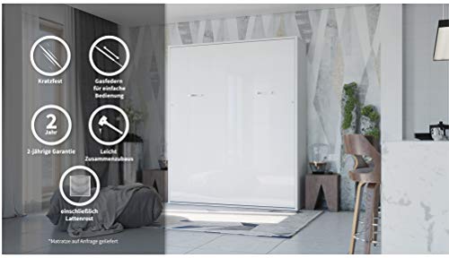 INVENTO Opklapbed op gasliften | Bedkast | Murphy bed | Vouwbed 200x160, geschikt voor woonkamer, slaapkamer, logeerkamer, kantoor en kinderkamer (Verticaal 200x140, Wit/Hoogglans Wit) - Afbeelding 8