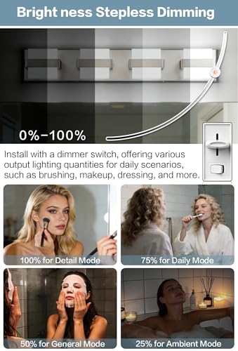 Image of SOLFART Brushed-Nickel Bathroom Light Fixtures, 4 Lights Bathroom Vanity Light LED Vanity Lights Brushed-Nickel Vanity Lighting, Dimmable