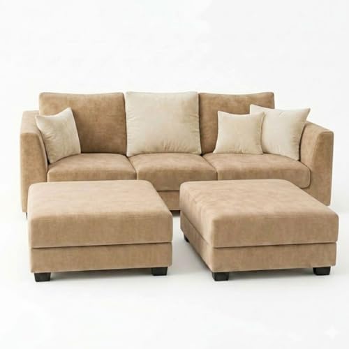 Image of SOCOZI Trevano 5 Seater L Shape Sofa Set with 2 Movable Ottomans | Flexible Layout| Soft Velvet Suede Fabric|Modern Sofa | Plush Comfort Cushions for Living Room (Beige-Cream)