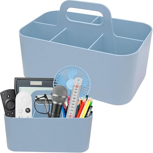 Cesta Organizadora con Asa, Multifuncional de Plástico, 5 Compartimentos, Desmontable, Apilable para Escritorio, Manualidades, Maquillaje, Oficina, Azul (24×15×11.2cm)