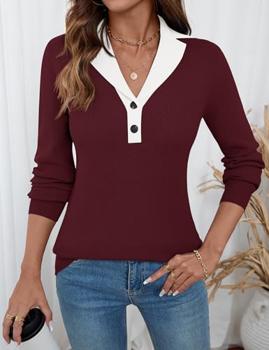 Image of LOMON Sweaters for Women 2025 Fall Knitted V-Neck Collared Button Pullover Dressy Casual Long Sleeve Polo Shirts Business