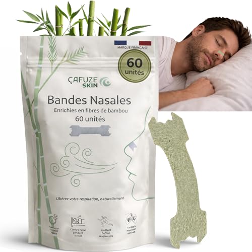 Cafuze 60 Bandelettes Nasales Anti-Ronflement en Fibre de Bambou | Bandes Nasales Sommeil Réparateur | Strip Nasal Sport & Nuit | Patch Nez Respiration Améliorée | Écarteur Nasal Confort | Nez Bouché